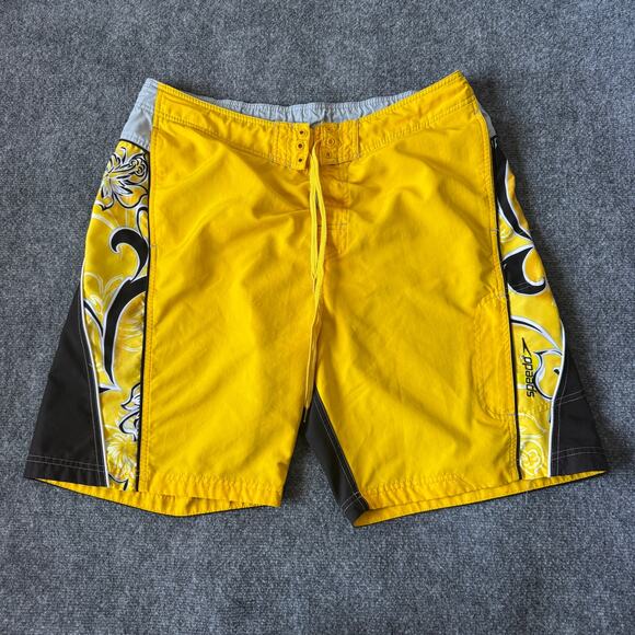 Speedo Swim Shorts Mens 36 Yellow Black Board Drawstring 9in Inseam Beach‎ Pool - Picture 1 of 14